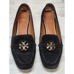 Tory Burch Loafers Women 7.5 Black Suede Metal Miller Logo